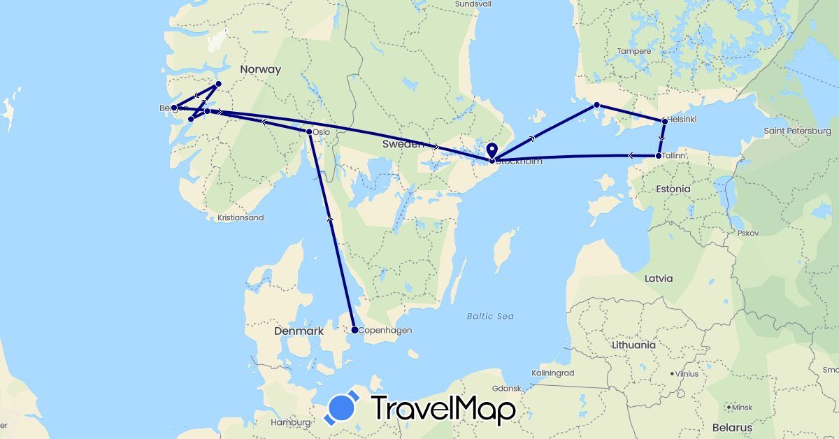 TravelMap itinerary: driving in Denmark, Estonia, Finland, Norway, Sweden (Europe)